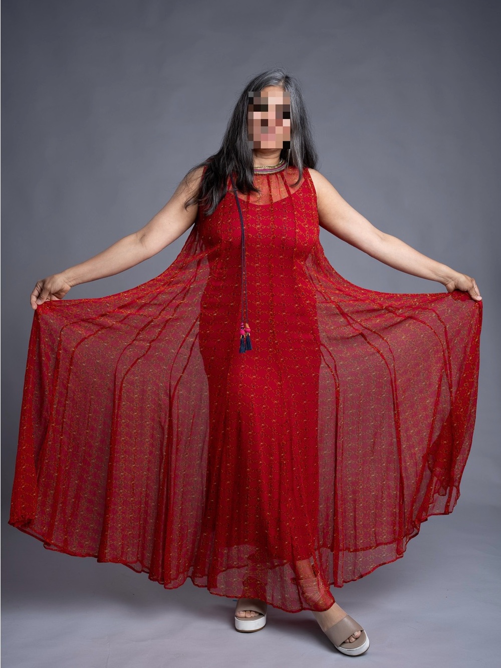Ritu Kumar Red Sheer Maxi Dress with Flowing Cape Panels